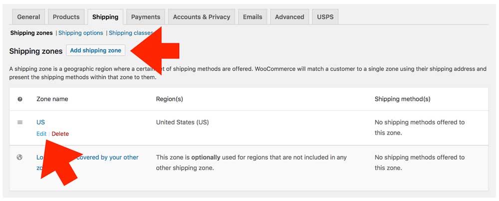 USPS WooCommerce Add Edit Shipping Zones