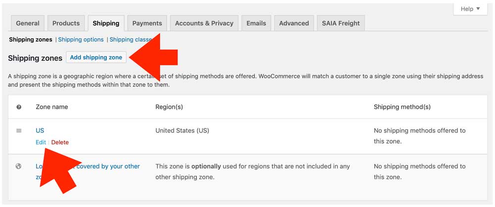 Woocommerce-SAIA Add Edit Shipping Zone