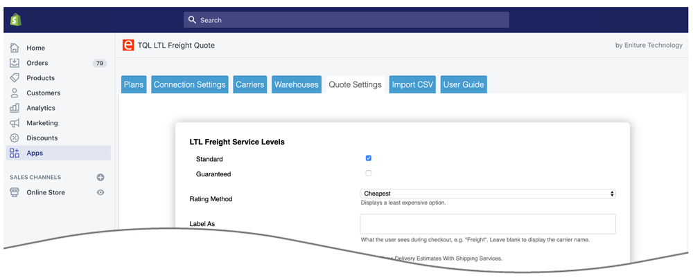 TQL LTL Freight Shopify Quote Settings