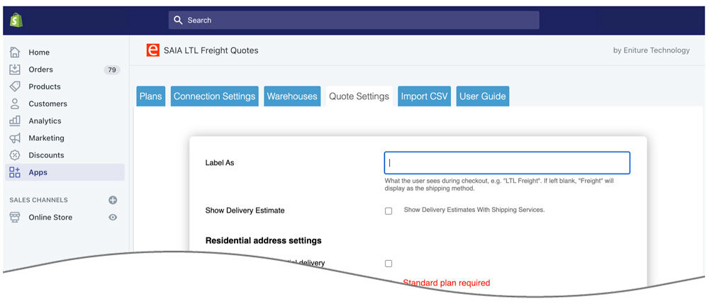 Saia LTL Freight Quotes for Shopify Quote Settings