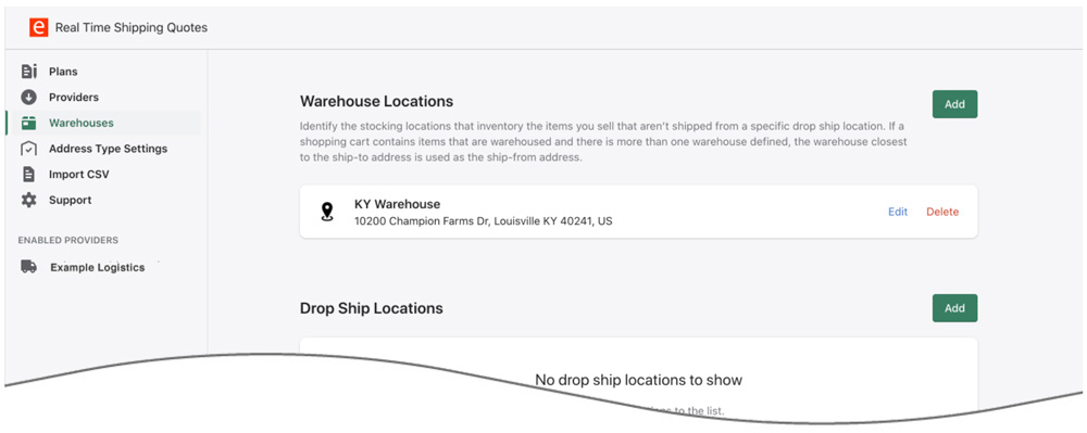 Real Time Shipping Quotes - Warehouse Settings
