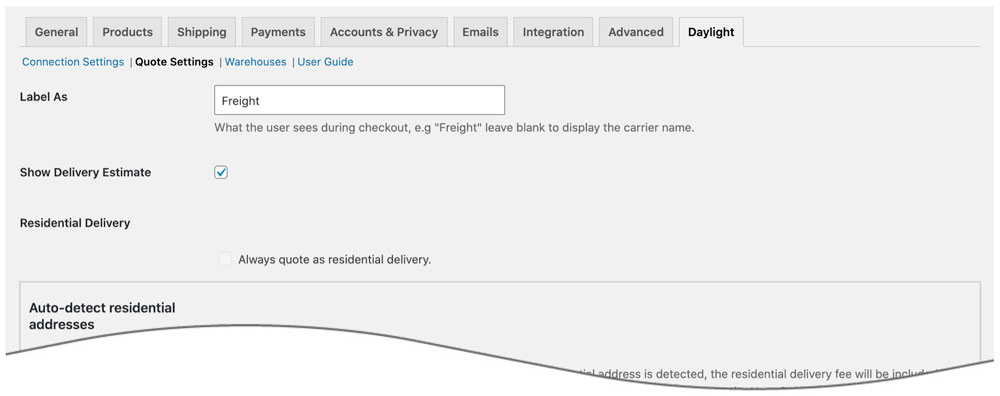 Daylight Transportation WooCommerce Plugin Quote Settings page