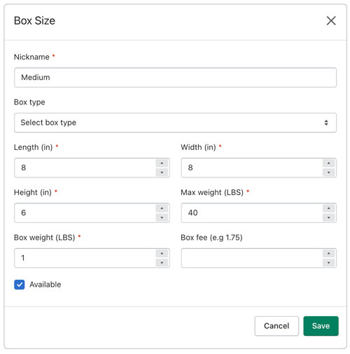 Box size parameters for Real Time Shipping Quotes for Shopify