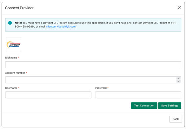 Daylight Transportation Connection Settings for Shopify Real Time Shipping Quotes App