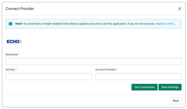 Echo Global Logistics Connection Settings for Shopify Real Time Shipping Quotes App