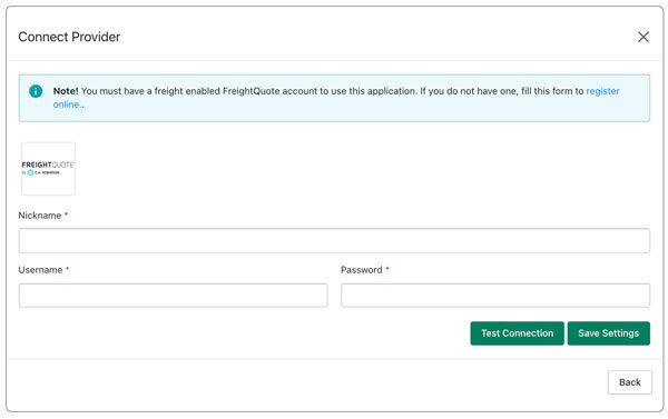 FreightQuote.com Connection Settings for Shopify Real Time Shipping Quotes App