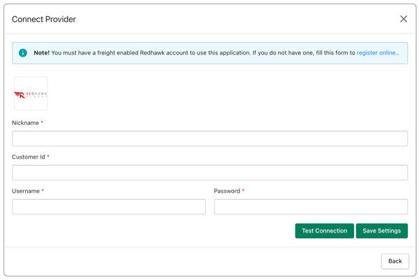 Redhawk Logistics Connection Settings for Shopify Real Time Shipping Quotes App