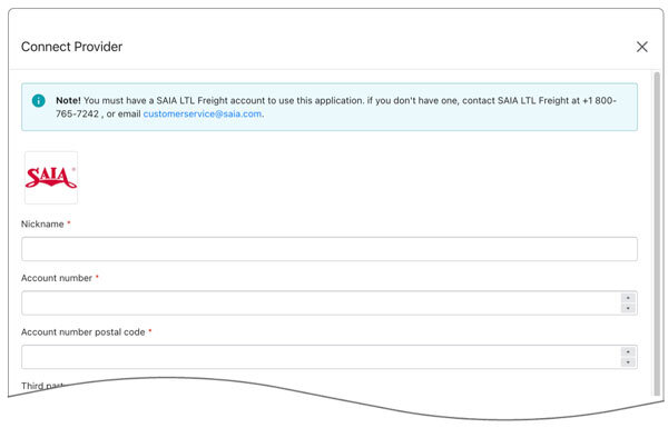 SAIA Connection Settings for Shopify Real Time Shipping Quotes App