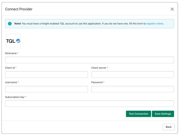 TQL Connection Settings for Shopify Real Time Shipping Quotes App