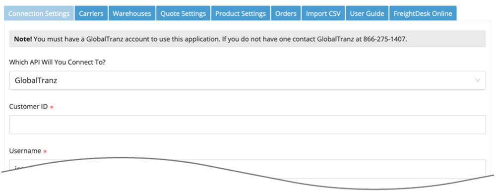 BigCommerce GlobalTranz Connection Settings