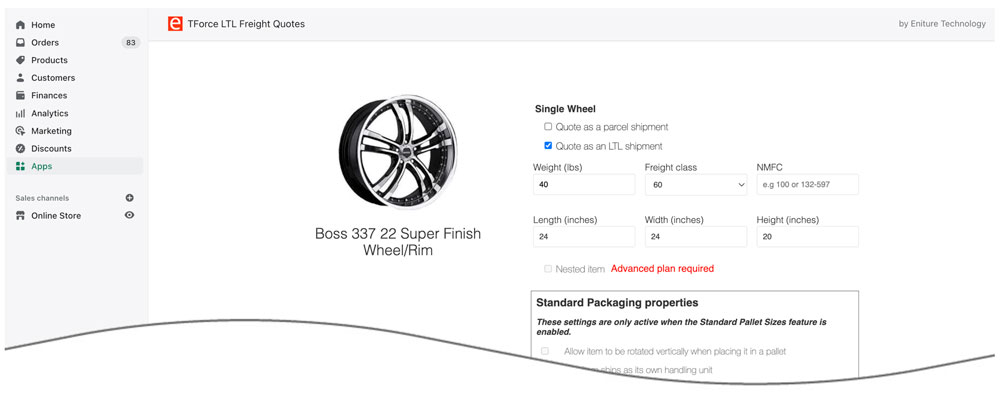 TForce App for Shopify Product Shipping Parameters