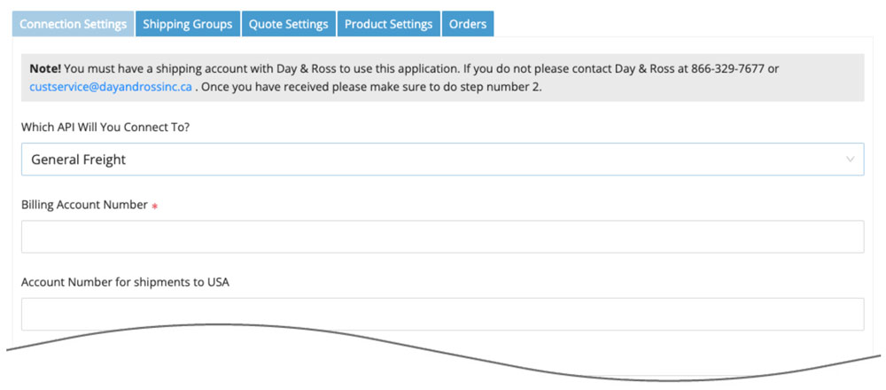 Day & Ross API Connection Settings for BigCommerce Real Time Shipping Quotes app