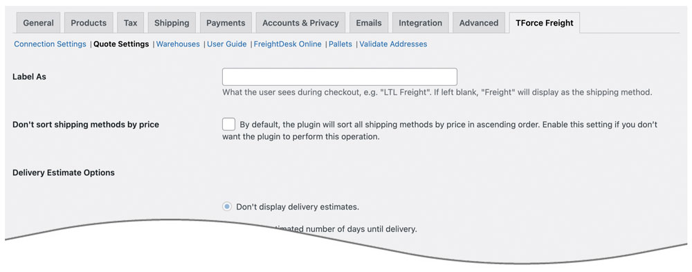 Quote Settings for TForce LTL Freight Quotes plugin for WooCommerce