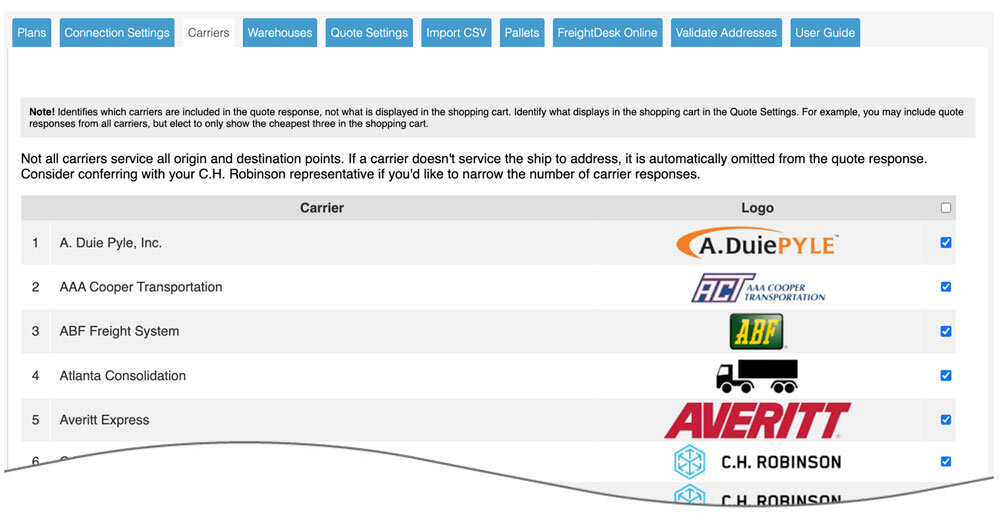 CH Robinson for Shopify Carrier Settings