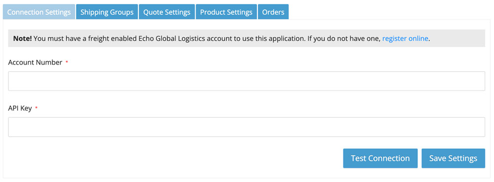 BigCommerce Real-time Shipping Quotes Echo Connection Settings