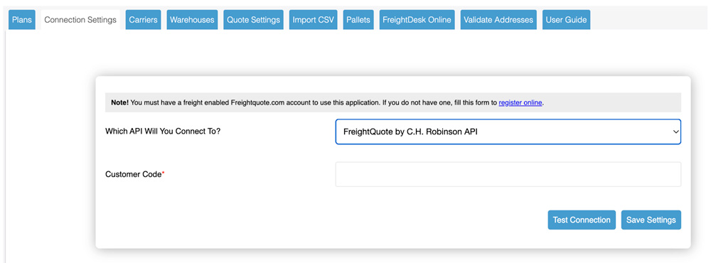 FreightQuote by C.H. Robinson Shopify App Connection Settings