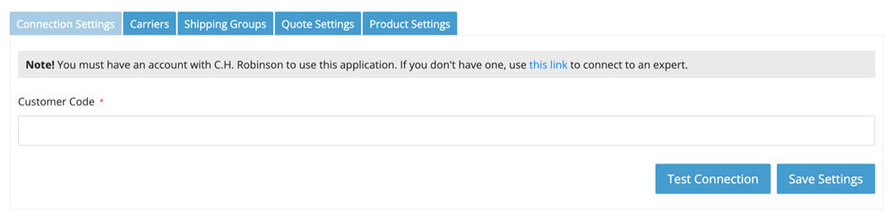 C.H. Robinson BigCommerce Connection Settings Page