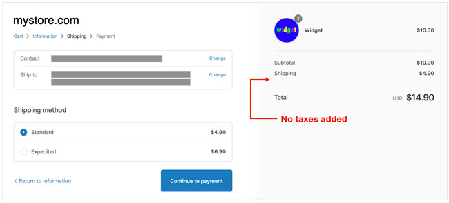 Shopify Shipping Methods page with tax exempt status claimed