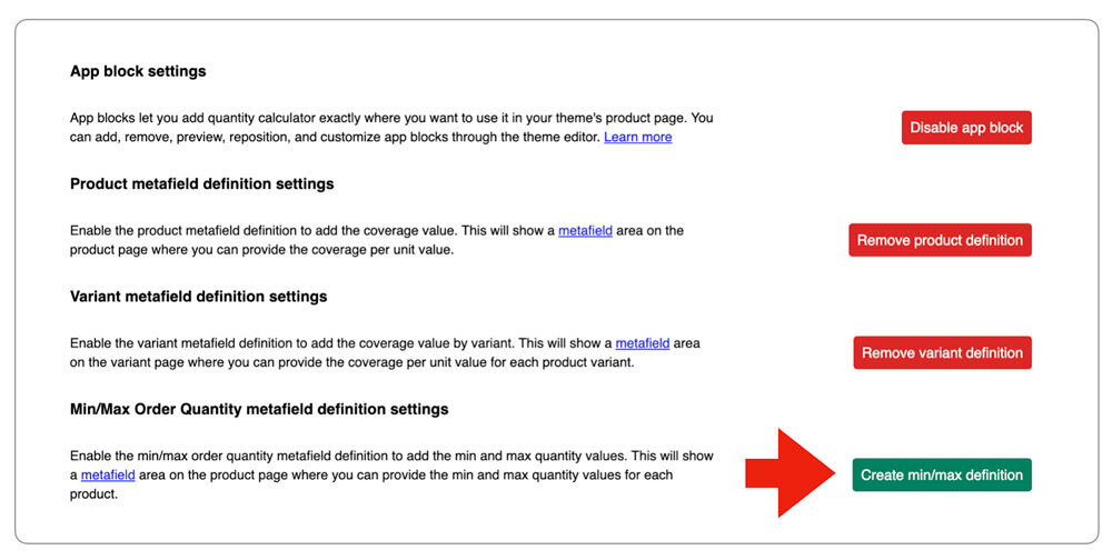 Enable app block for min-max setting in coverage calculator for Shopify app