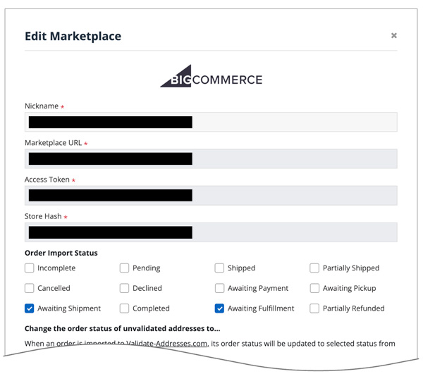 Validate Addresses settings for connected BigCommerce stores