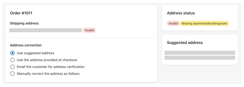 Address correction choices in the Validate Address app for Shopify