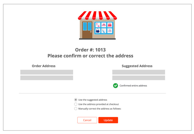 Validate Addresses for Shopify correct or confirm ship-to address landing page