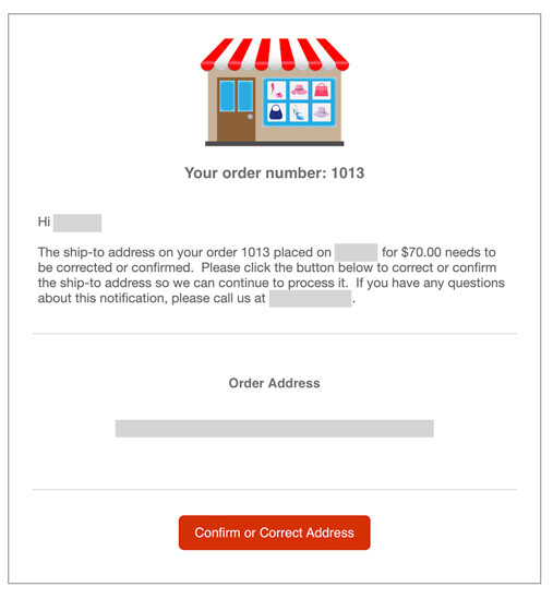 Request correction or confirmation of ship-to address email sent by the Validate Addresses app for Shopify