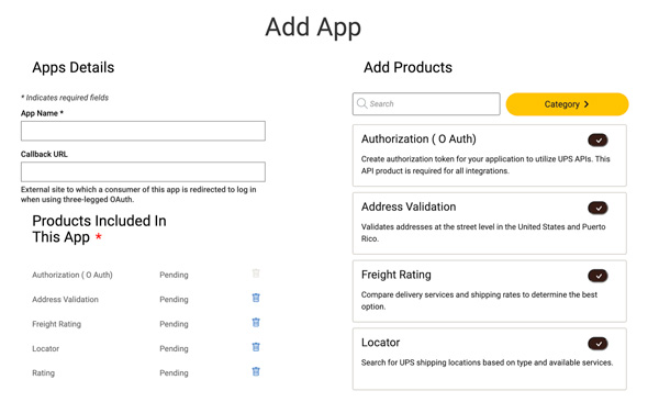 UPS Developer Portal Add App interface