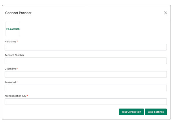 R+L Carriers connection settings in the Real Time Shipping Quotes app for Shopify