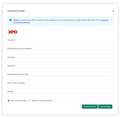 XPO Logistics Connection Settings for Shopify Real Time Shipping Quotes App