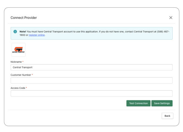 Central Transport Connection Settings for the Real Time Shipping Quotes App for Shopify