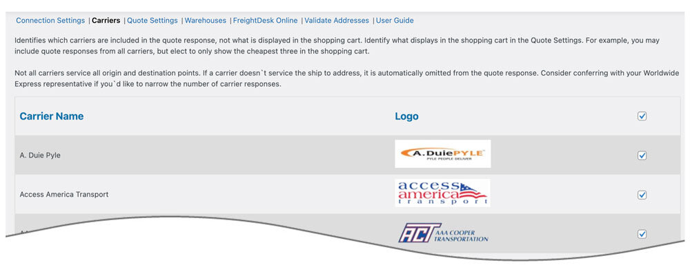 Carrier Settings page for Freightview LTL Freight Quotes plugin for WooCommerce