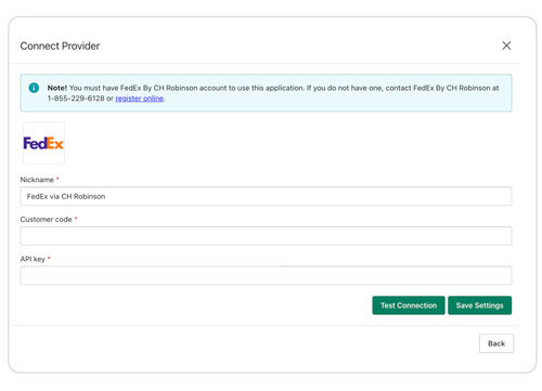 FedEx via CH Robinson Connection Settings in the Real Time Shipping Quotes app for Shopify