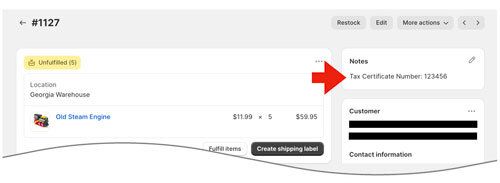 Tax Certificate Number Capture from Tax Exempt Checkout App For Shopify