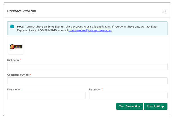 Estes Express API Connection Settings in Real Time Shipping Quotes app for Shopify