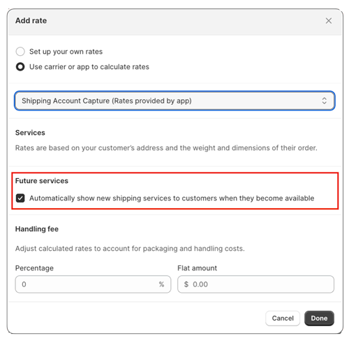 Shipping Account Capture for Shopify Add Rate and enable Future Services