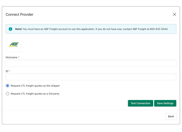 ABF Freight Connection Settings for the Real Time Shipping Quotes App for Shopify