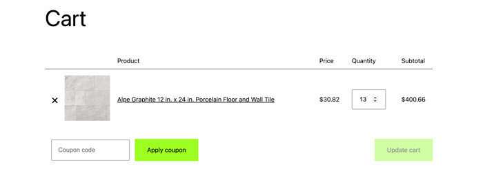 Cart content results after applying the Quantity Calculator for WooCommerce