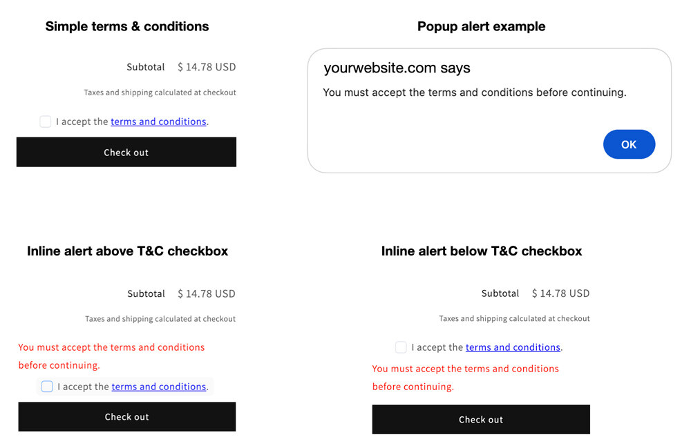 Terms & Conditions for Shopify app - Examples on Cart page