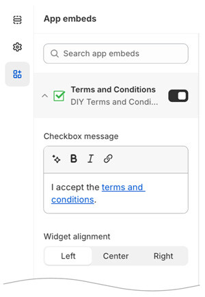 Settings for free version of the DIY Terms & Conditions app for Shopify