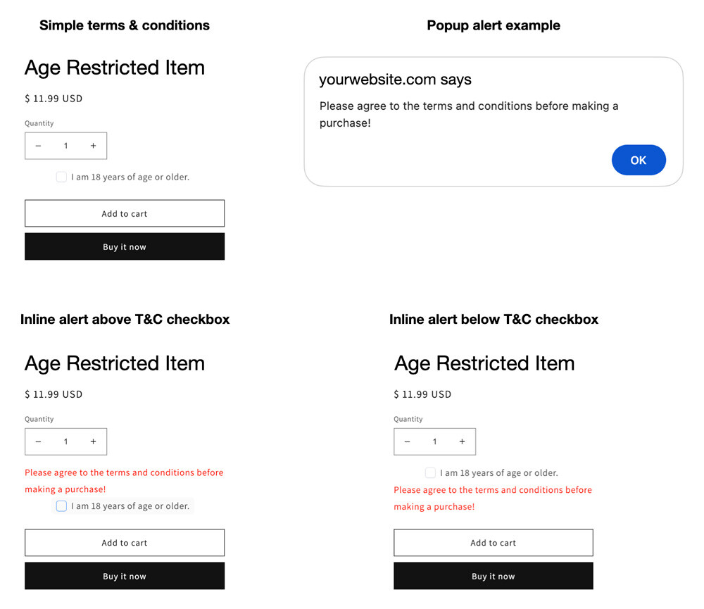 Terms & Conditions for Shopify app - Product page examples