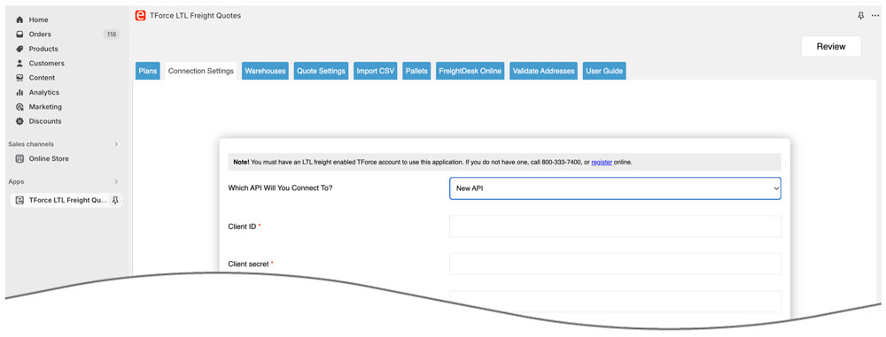 Connection Settings for TForce LTL Freight Quotes app for Shopify