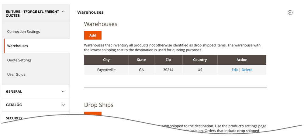 Magento 2 TForce LTL Freight Quotes Warehouse Settings