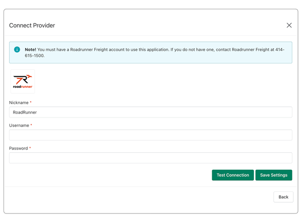 Roadrunner Freight Connection Settings for DIY Real Time Shipping Quotes app for Shopify