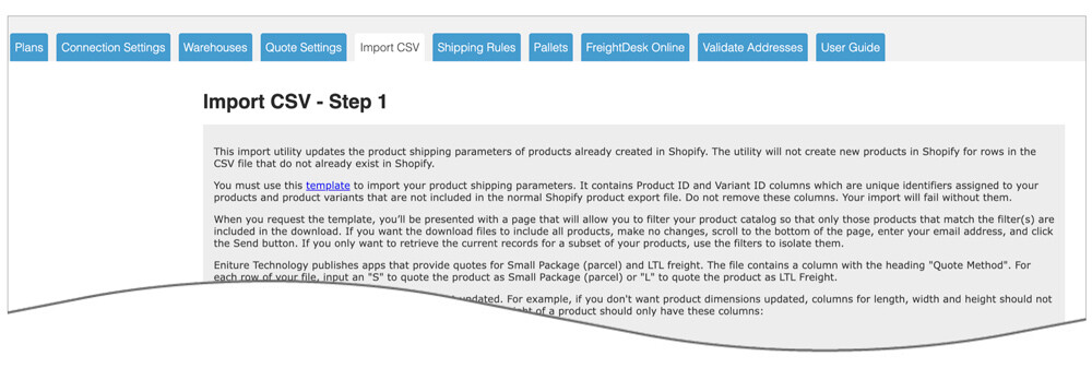 Import CSV file for Eniture Technology quoting apps for Shopify