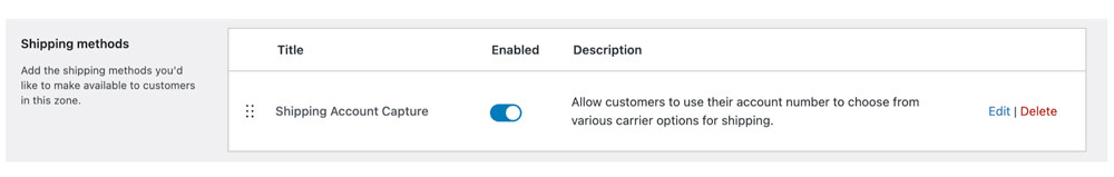 Shipping Account Capture Plugin for WooCommerce - Enabled Shipping Method