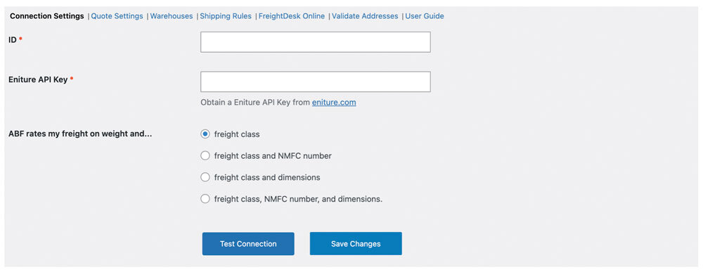 ABF LTL freight quotes for WooCommerce - Connection Settings