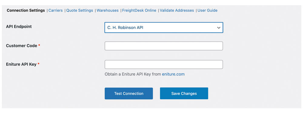 CH Robinson plugin for WooCommerce Connection Settings