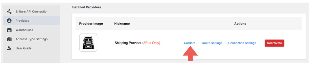 Real Time Shipping Quotes for WooCommerce - Carriers Settings Link