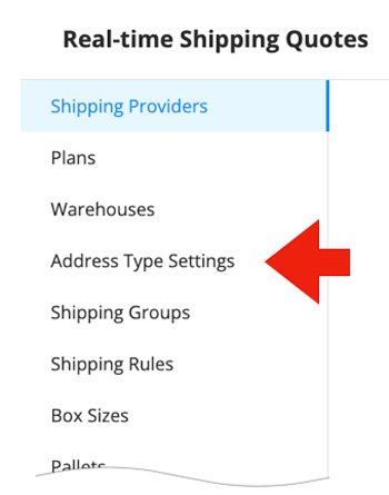 Address Type Settings in the Real Time Shipping Quotes for BigCommerce app.